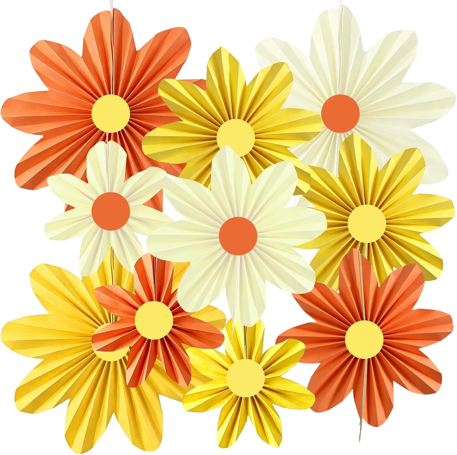 Orange Yellow Paper Flower Decorations Hanging Paper Fans 10Pcs
