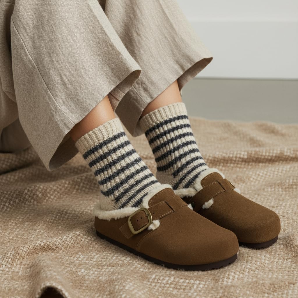 CUSHIONAIRE Haven Genuine Leather Clogs for Women – Faux Fur Lined Slip-On Womens Shoes with Cork Footbed and Adjustable Buckle - Image 3