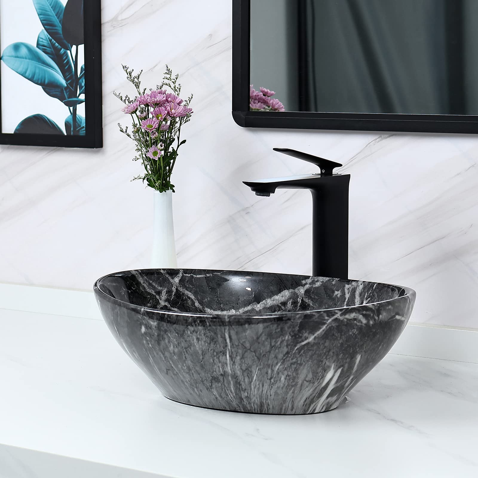 Fregadero ovalado de mármol nórdico de 16 x 13.2 pulgadas con drenaje desplegable, lavabos de baño, fregadero de cerámica, fregaderos de baño sobre encimera, cuencos ovalados para baño 6