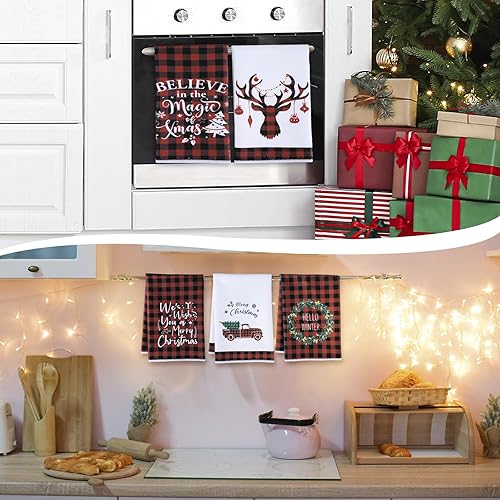 Miniatura 6 de Oudain Juego de 6 toallas de cocina y paños de cocina de Navidad a cuadros de búfalo de Navidad, juego de toallas de mano de cocina de invierno,