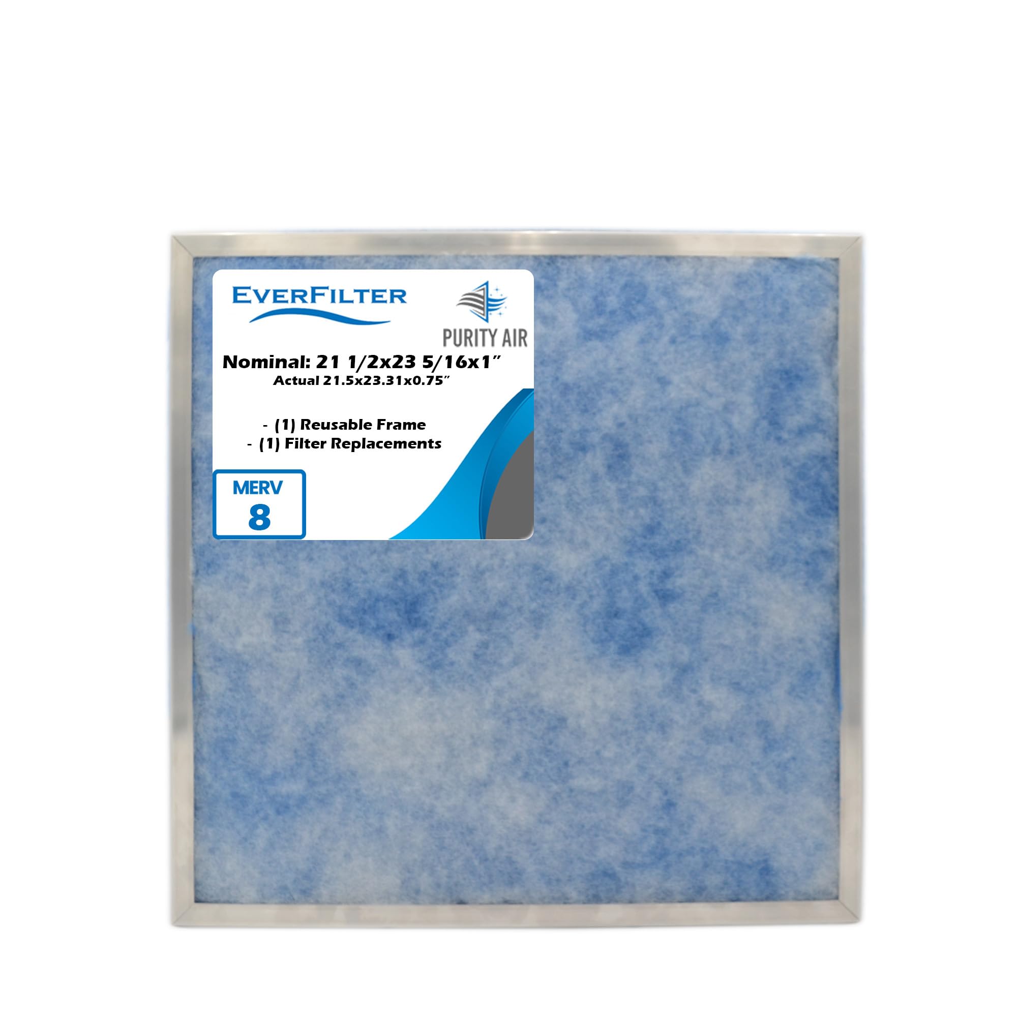EverFilter 21 1/2x23 5/16x1 Air Filter (1-Ct) MERV 8 Filter Media, AC Furnace Filter, Aluminum Reusable Frame (Actual Size: 21 1/2 x 23 5/16 x 0.75 Inches)