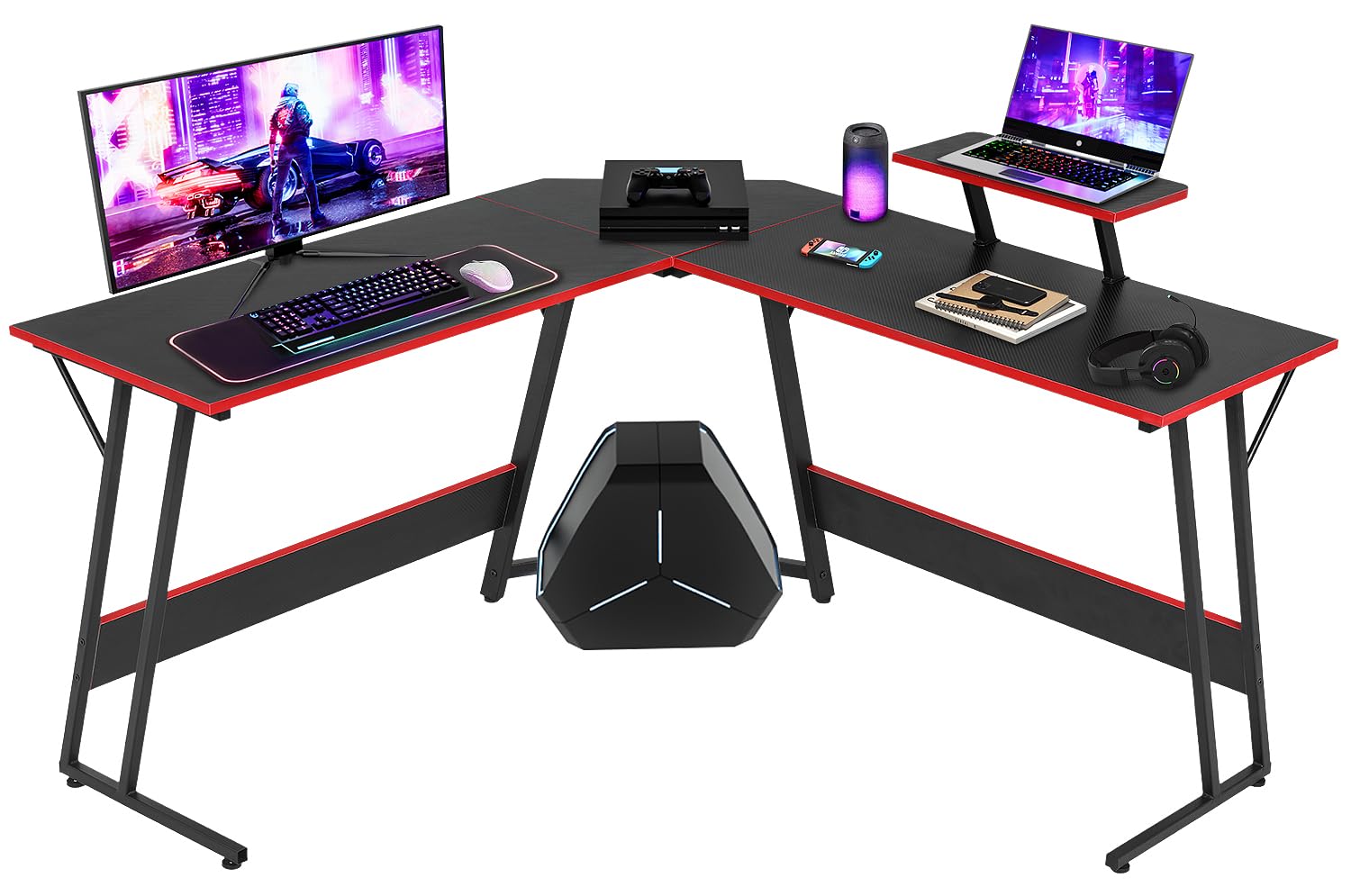 NChanmar L Shaped Gaming Desk with Monitor Riser Stand, Home Office Corner Desk for Studying, Working, Large Desktop, Black