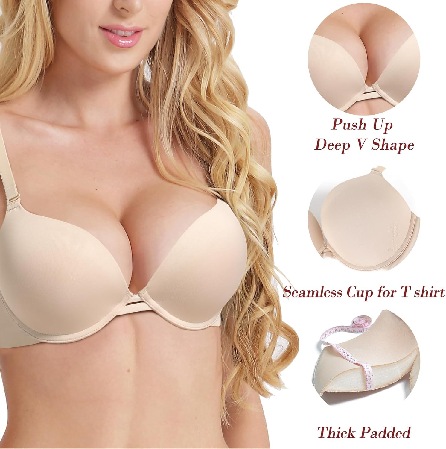 Push Up Thick Padded Plunge Underwire T Shirt Lace Bra Lift Support for Women Add One Cup - Image 2