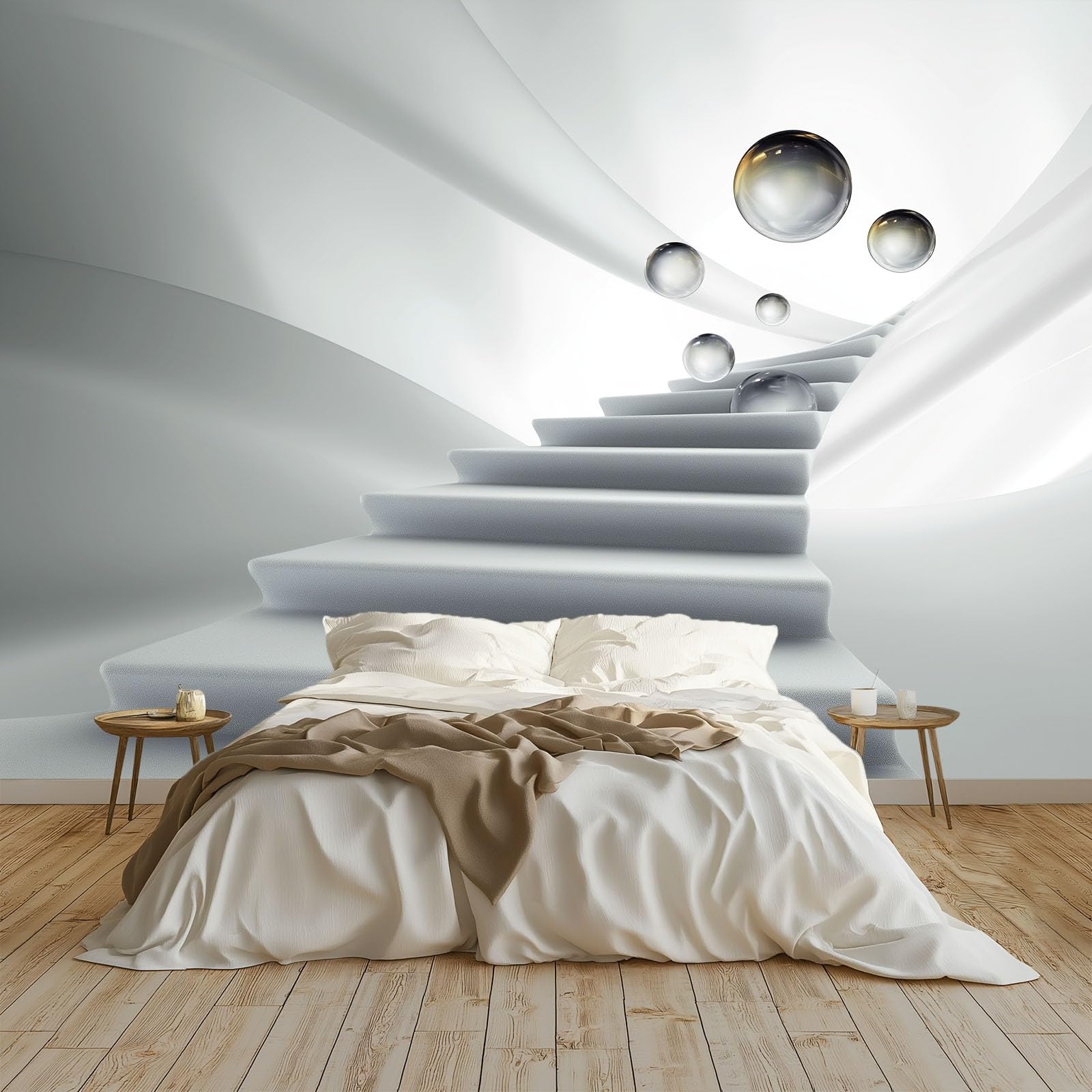 Papier peint panoramique effet trompe l'œil 3D gris pour agrandir une chambre d'enfants