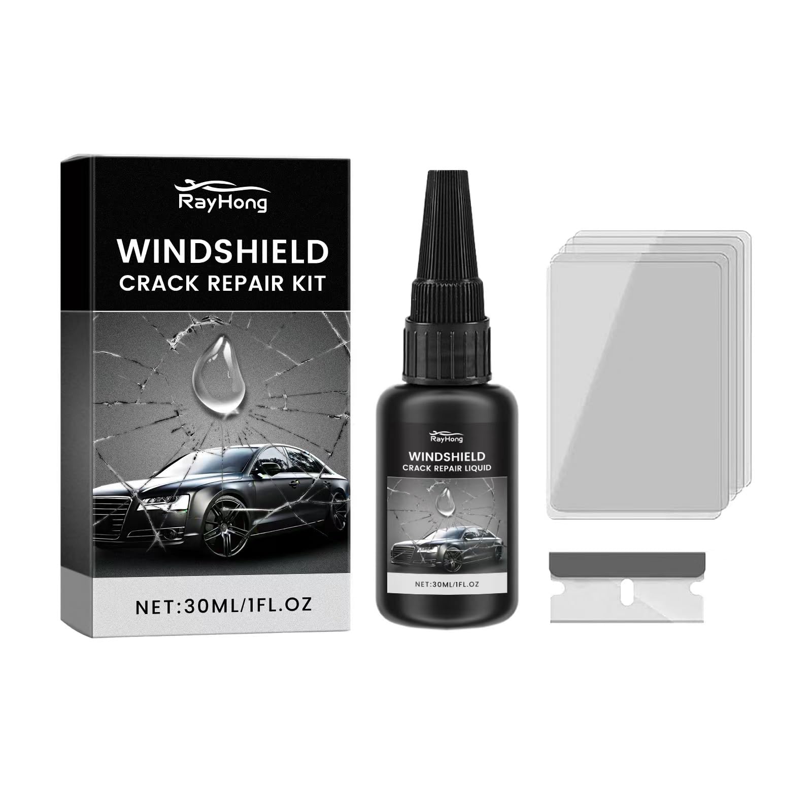 RAYHONG フロントガラスひび割れ補修液 ドイツ フロントガラスのひび割れ修理キット 修復液 30ml 車のフロント自動車ガラス修理DIY 窓フロントガラスリペアキット 飛び石 傷 穴埋め 修復 修理 欠け・ヒビ・星形クラック対応 フロントガラスクラックリペア