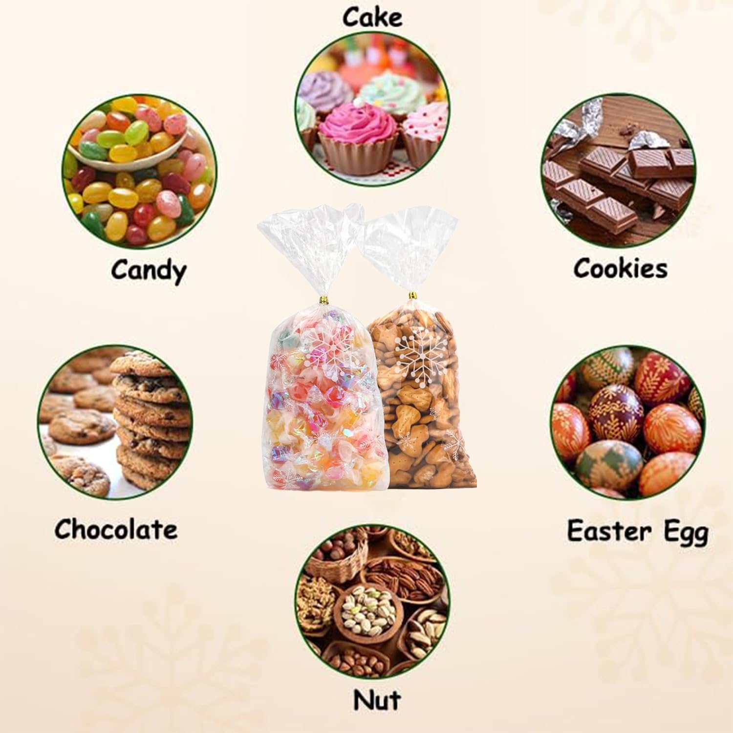 Confezione Da 100 Sacchetti Per Biscotti Natalizi, Sacchetti Per Caramelle Con Fiocchi Di Neve, Sacchetti In Cellophane Trasparente Con 100 Lacci, Per Caramelle, Biscotti, Cioccolatini