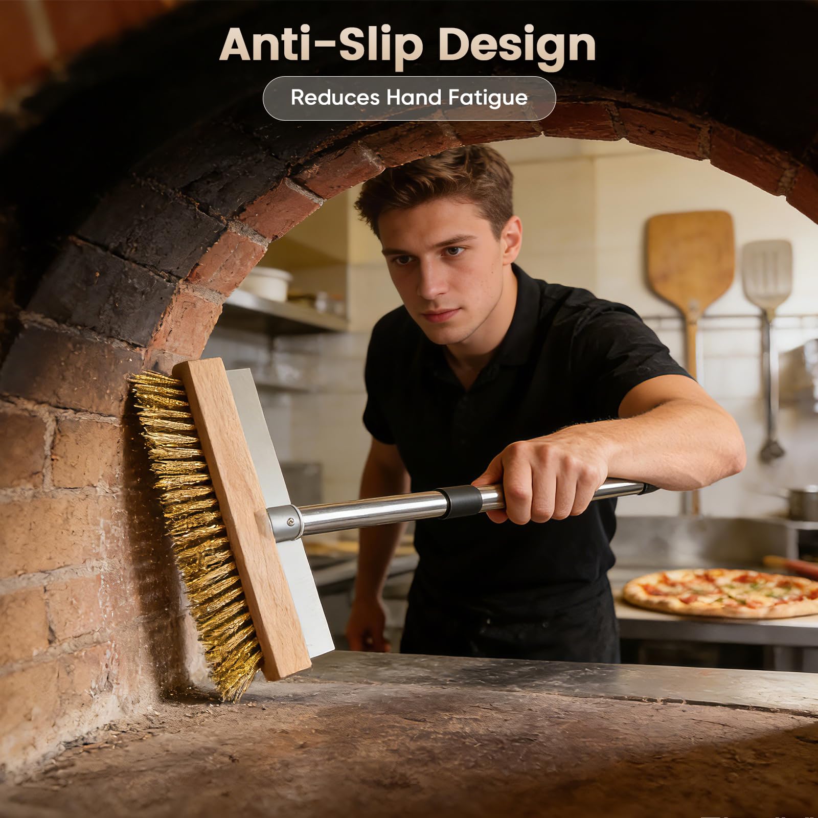 Spazzola forno pizza 2 in 1 con raschietto, manico regolabile 145 cm | spazzola per forno pizza in ottone da 25,5 cm per forno pizza a legna, barbecue, cucina, esterno e ristorazione