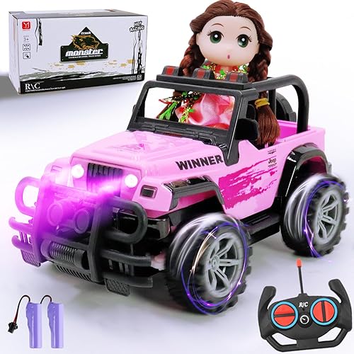 wagkew Auto a control remoto para niñas, escala 118, coche RC rosa para niños de 4 a 7 a 8 a 12 años de edad, con muñeca y faros LED, camiones