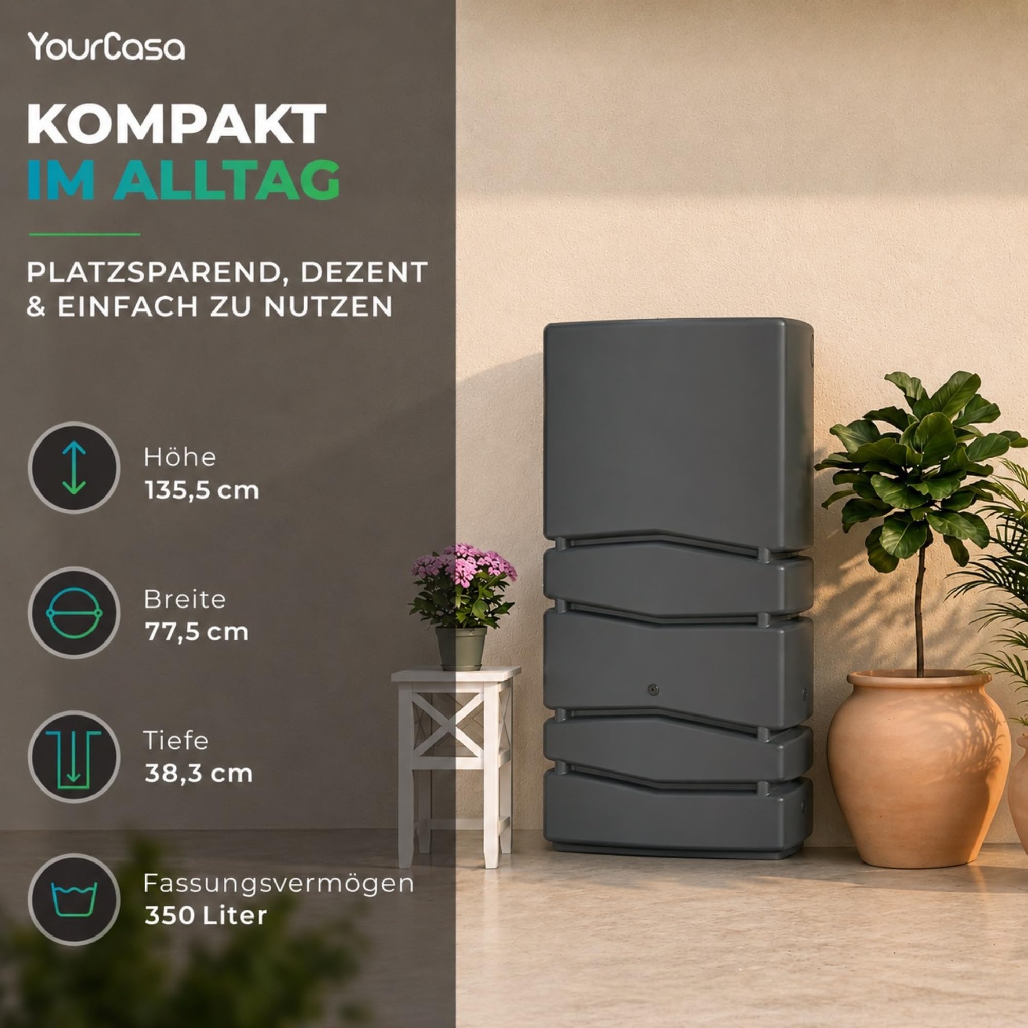 YourCasa Regentonne Eckig 350 Liter [Aqua Silo] XXL Regenfass mit Öffnung und Deckel - platzsparende Form - Frostsicher aus Kunststoff - Regenwassertonne - Regenwassertank Garten Schmal (Anthrazit)