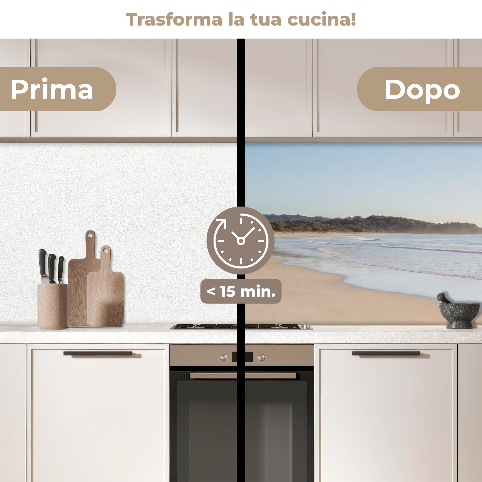 KitchenYeah© Paraschizzi Cucina Adesivo 80x300 cm Pannello Parete Paraspruzzi Muro Decorativo Mare - Sole - Sabbia