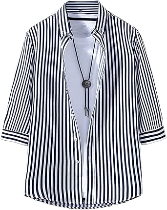 [Vinsen] ストライプ シャツ 7分袖 薄カジュアルシャツ 耐摩耗 吸汗透湿素材 メンズ ストライプ トレンド シャツ 春夏 大きいサイズシャツ -Dark blue-XL