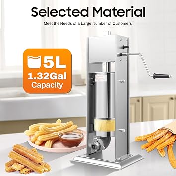 Churro Maker Machine, 1.32 Gal 304 Stainless Steel Manual Churrera Churros Making Machine with 6 Discs Nozzles Heavy Duty Commercial Vertical Churros Machine Countertop Latin Fruit Machine