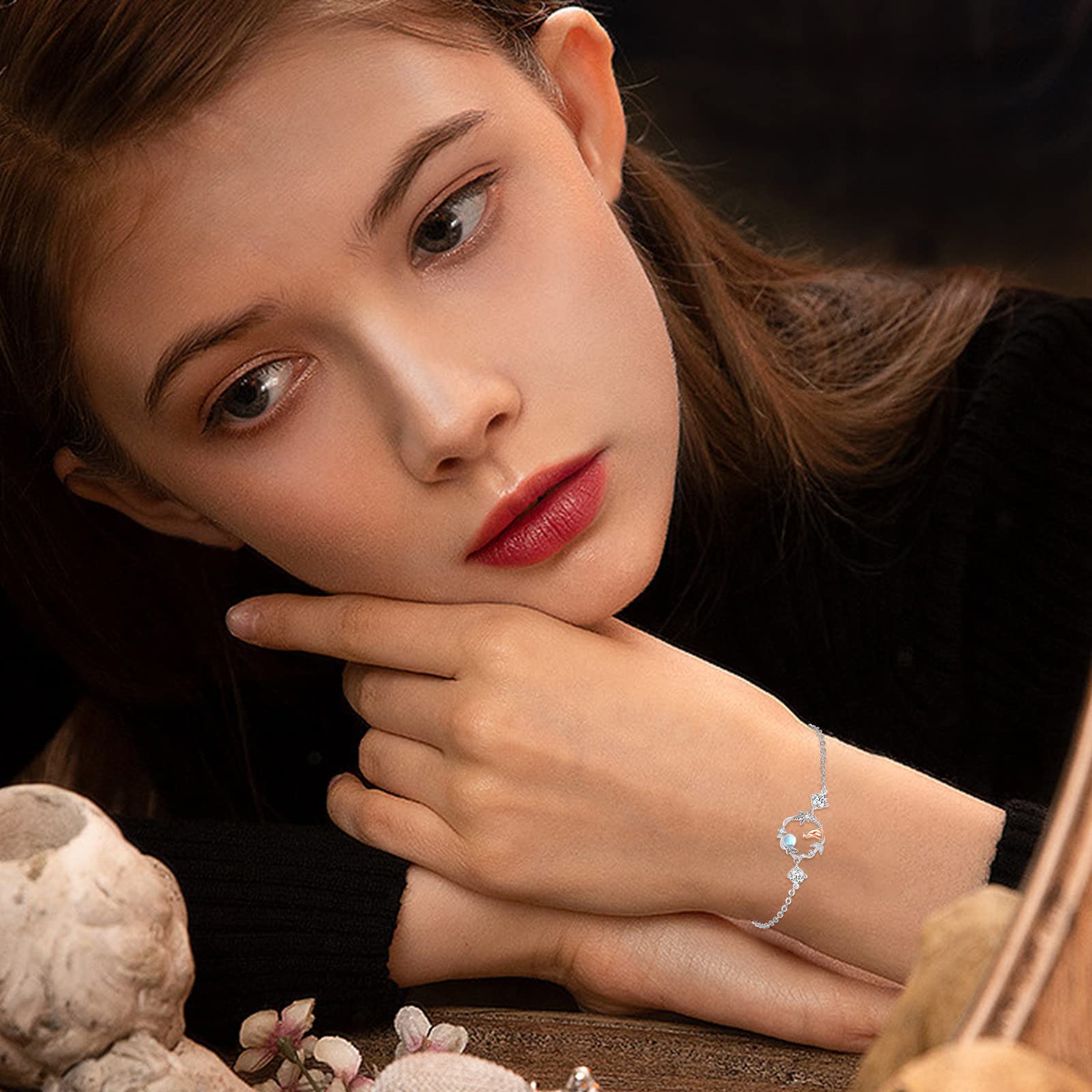 Pulsera de gato de plata de ley 925 para mujer, plata con piedra lunar y gatos, regalo para mujeres, amantes de los gatos y regalos para madres, Plata de ley