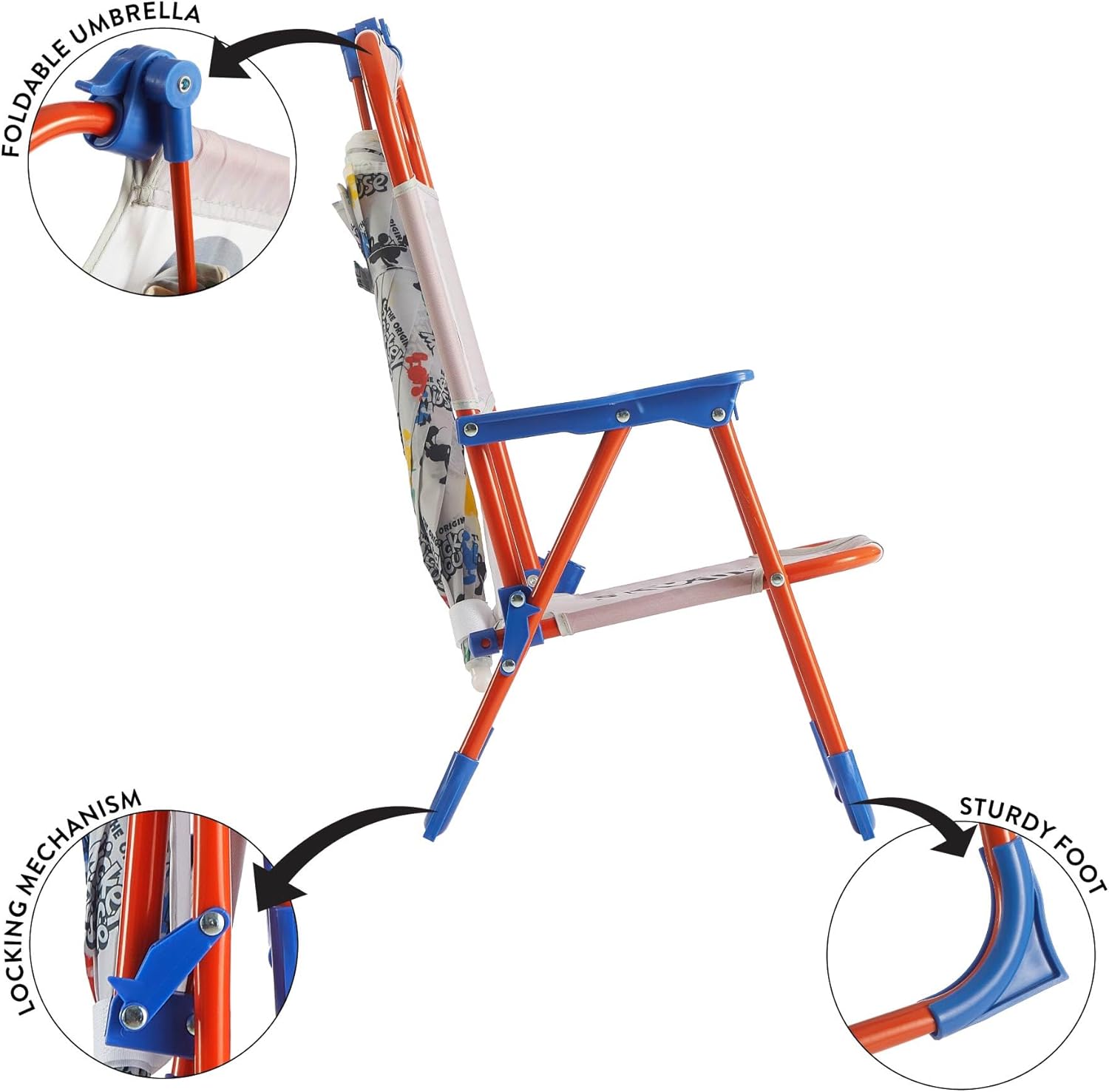 Disney Mickey Mouse Kids Beach Chair with Umbrella,Foldable Portable Toddler Chair with Armrests, Locking Mechanism & Sun Shade