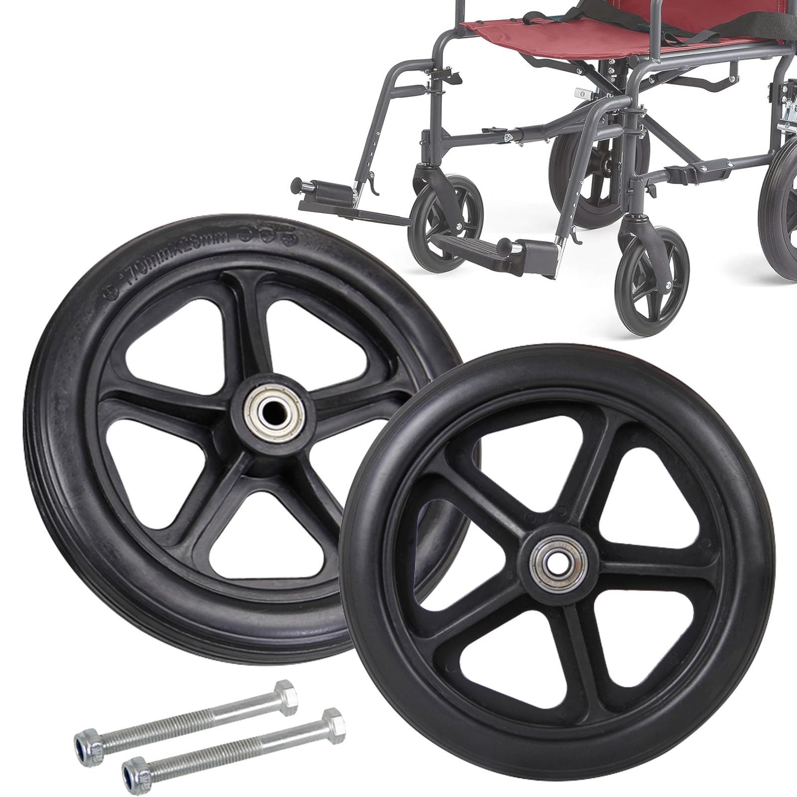 WORDFUN Wheelchair Front Wheels Replacement Parts, 2X Solid Tires Front Wheel, Quiet Wheelchair Caster Wheels, Replacement Part Tool, 265-lb Load Capacity, Easy to Scroll