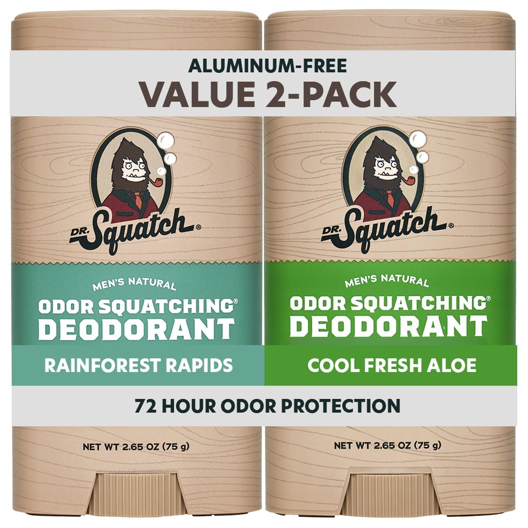 - Dr. Squatch Natural Men’s Deodorant – Aluminum Free Natural Deodorant Men with Charcoal & Postbiotics for 72-Hour Odor Protection – Rainforest Rapids + Cool Fresh Aloe, 2.65oz Stick (2-Pack)