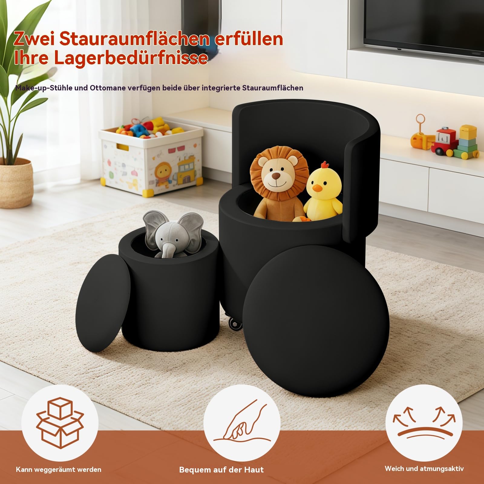 Rollbarer Kosmetikstuhl mit Stauraum, drehbarer Make-up-Stuhl mit klappbarer Rückenlehne, kleine gepolsterte Ottomane aus PU-Leder für Schlafzimmer und Wohnzimmer