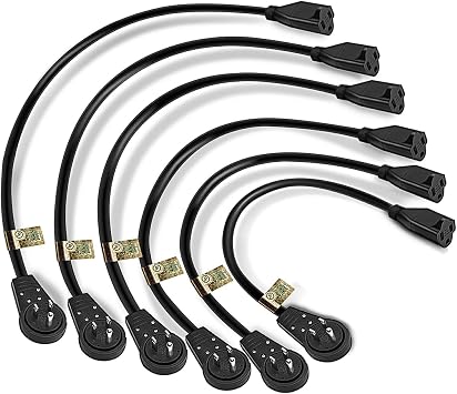 Nekteck 360 Rotating Flat Plug Extension Cord, 1 Foot, 14AWG 3 Prong, Low Profile Right Angle Power Cord Grounded Wire, UL Certified, Black 6 Pack