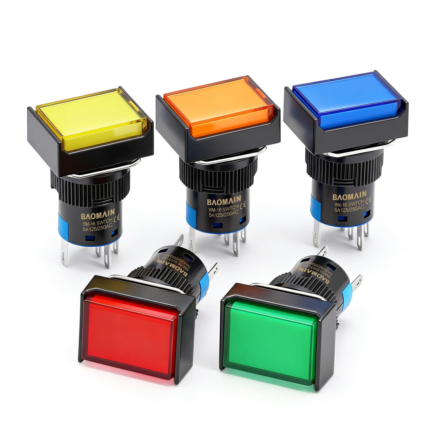 Baomain 5-Pack 16mm (5/8") 12V DC Momentary Push Button Switch with LED,5-Colors (Red,Yellow,Orange,Blue,Green) Rectangular Cap,5-Pin SPDT 1NO+1NC,5A 250V AC