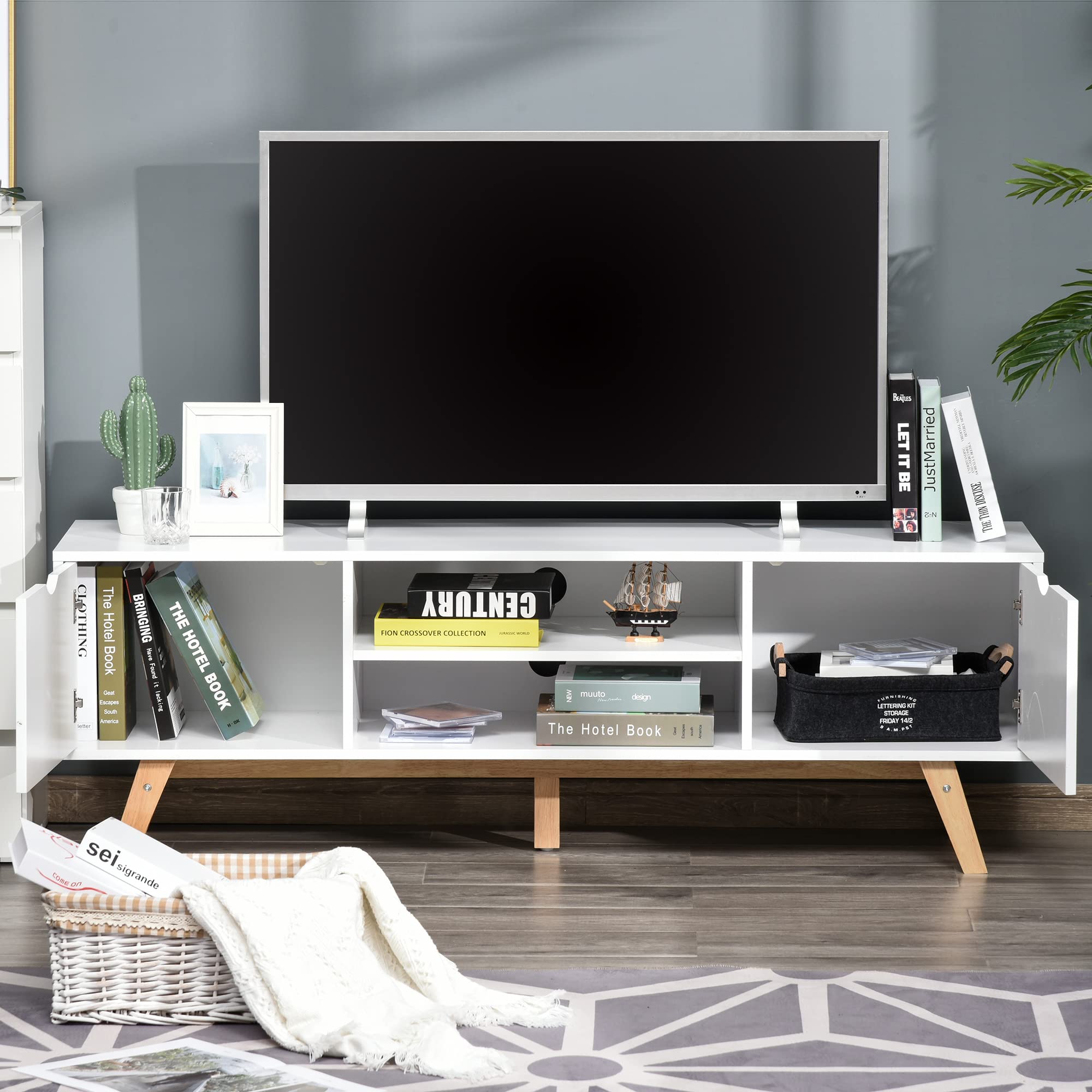 HOMCOM Mueble de TV Salón Moderno para 65 Pulgadas 150x39x50 cm | Mueble para Televisores, Mesa de TV, 2 Estantes Abiertos, Patas de Madera