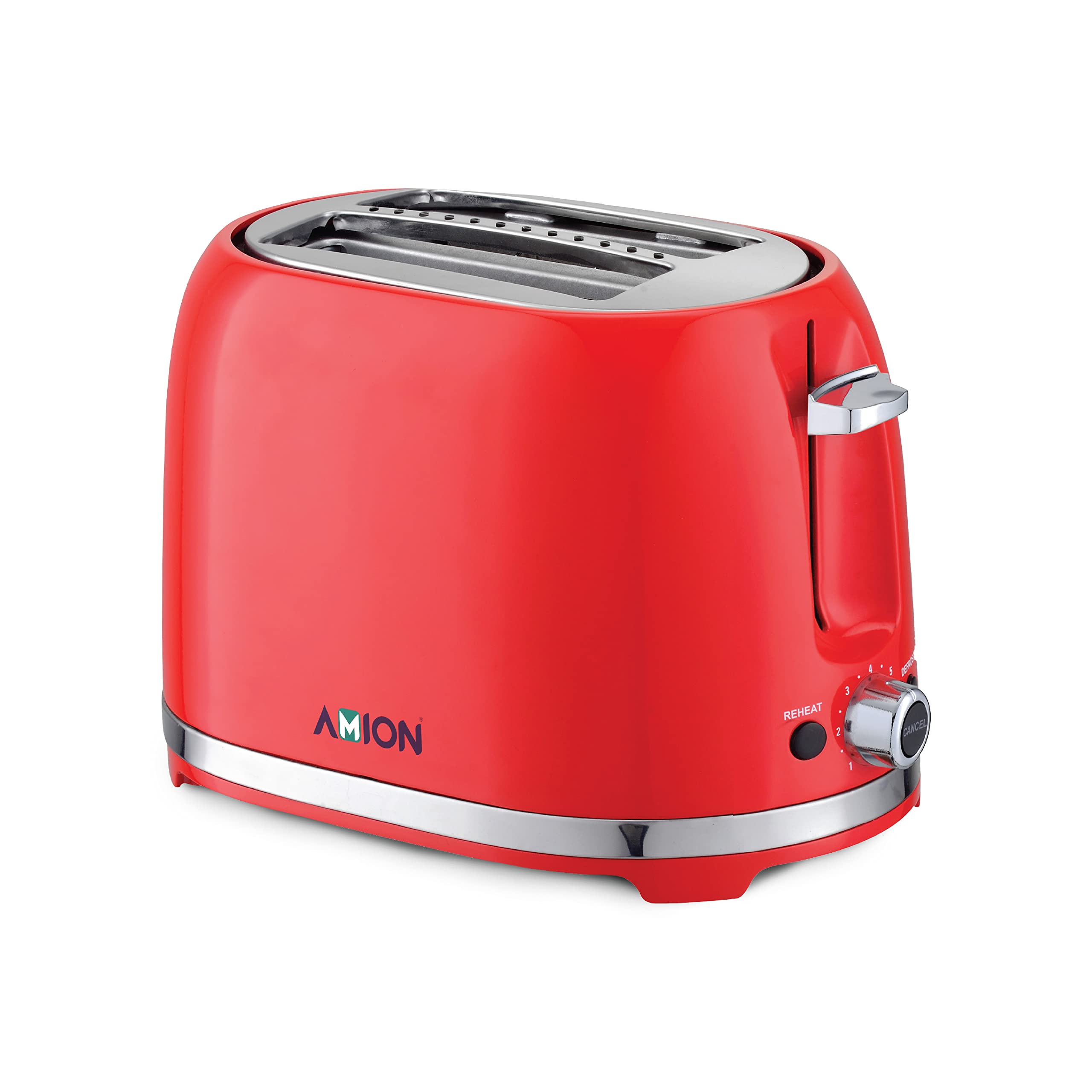AMION Crusty Bread Toaster 2 Slice Stainless Steel Toaster with Removable Crumb Tray Wide Slot with 6 Browning Levels Reheat Defrost and Cancel Options