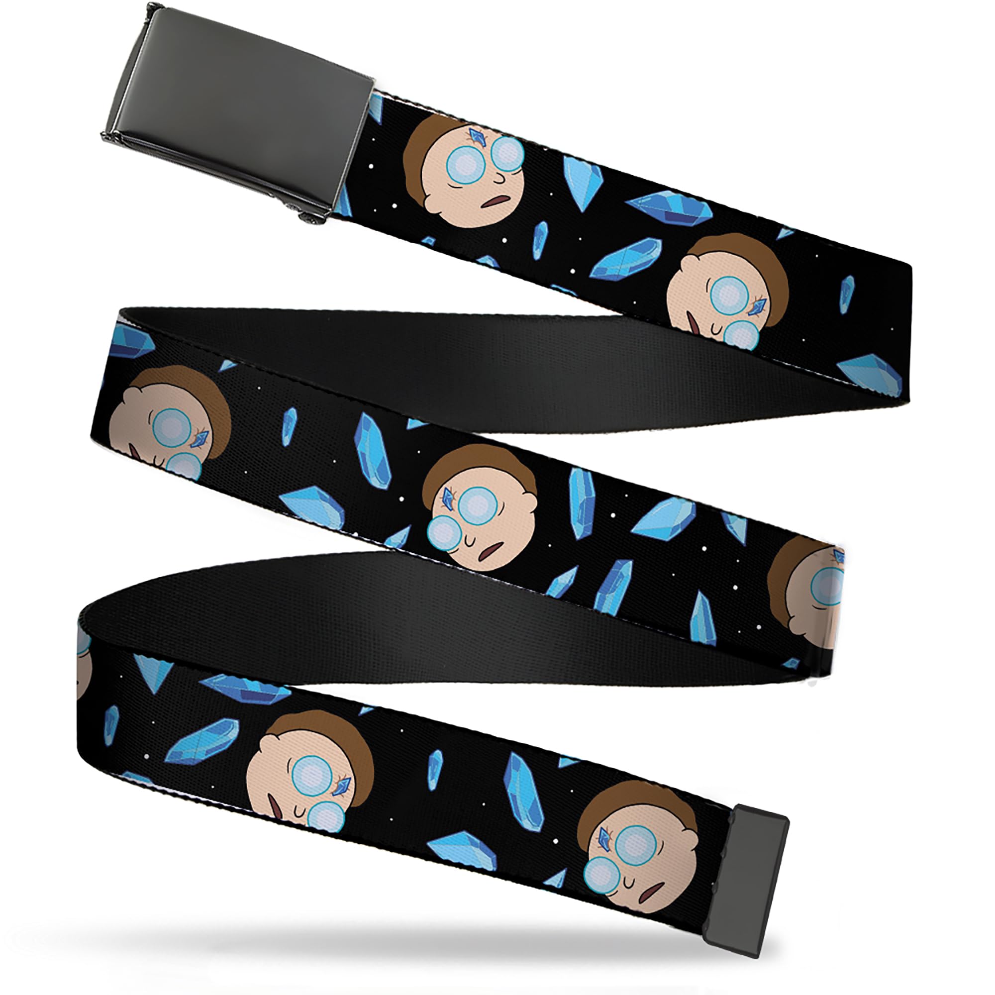 Buckle-Down Rick and Morty Belt, Flip Web Belt Rick and Morty Death Crystals Morty Expression Black Blues, 1.0 Inch Wide, Youth up to Size 20