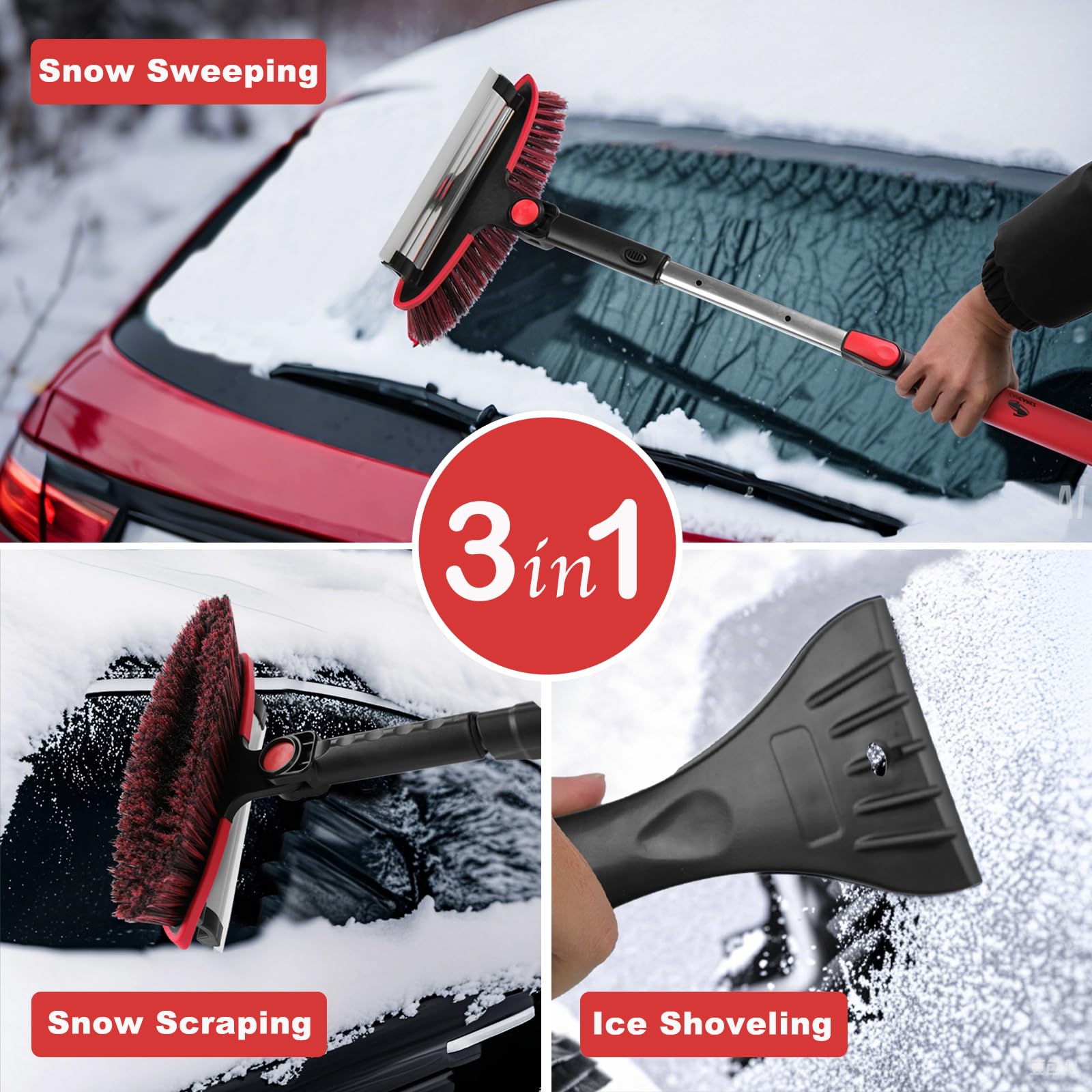 CARCAREZ Cepillo de nieve extensible de 56 pulgadas con escobilla de goma y raspador de hielo, agarre de espuma, cepillo de nieve para parabrisas automático, herramienta de eliminación de arañazos,
