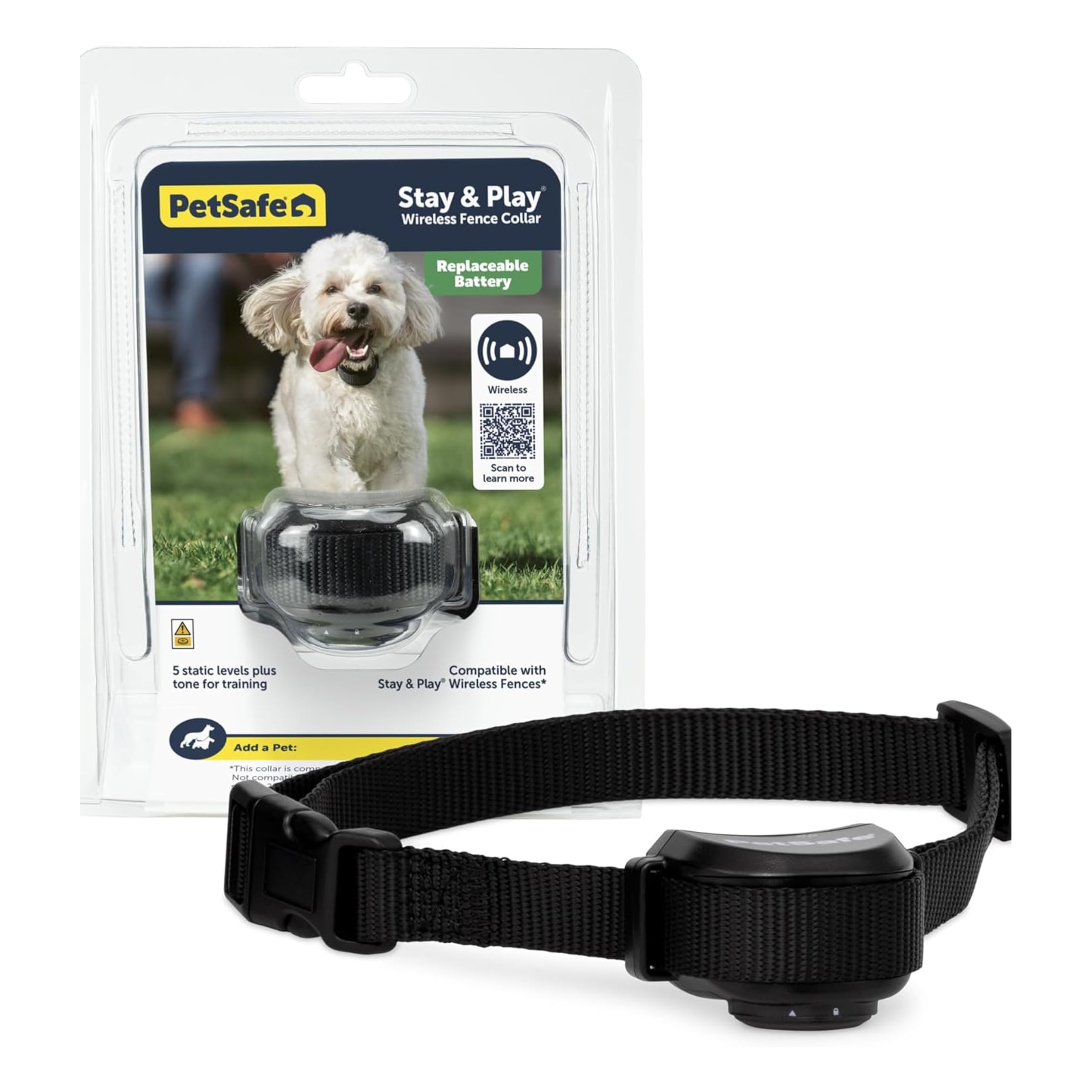 PetSafe Stay & Play Wireless Fence Replaceable Battery Receiver Collar - Waterproof & Battery-Operated Adjustable Static Correction Collar - for Dogs 5lb+