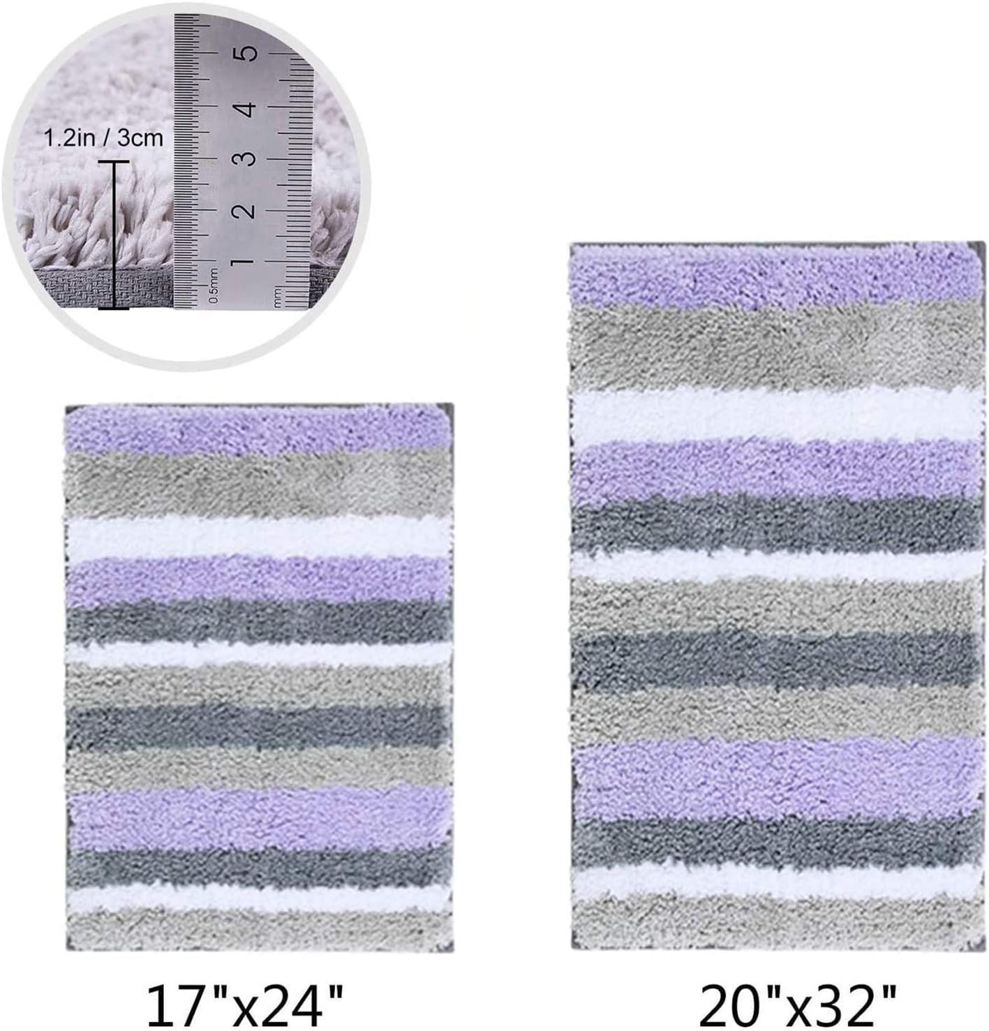 Buganda Non-Slip 2 Pieces Bathroom Rugs Set Water Absorbent Soft Microfiber Shaggy Bath Mat Machine Washable Bath Rugs for Bathroom (17”x 24” + 20”x 32”, Purple/Grey)