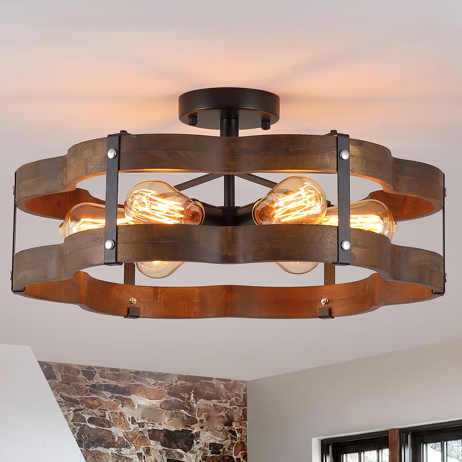 6-Light Rustic Farmhouse Wood Flush Mount Ceiling Light Fixture 20 inch Oak Wood and Metal Cloud Cage Semi Flush Mount Ceiling Light for Hallway Entry Dining Farmhouse Bedroom Living Room, Black