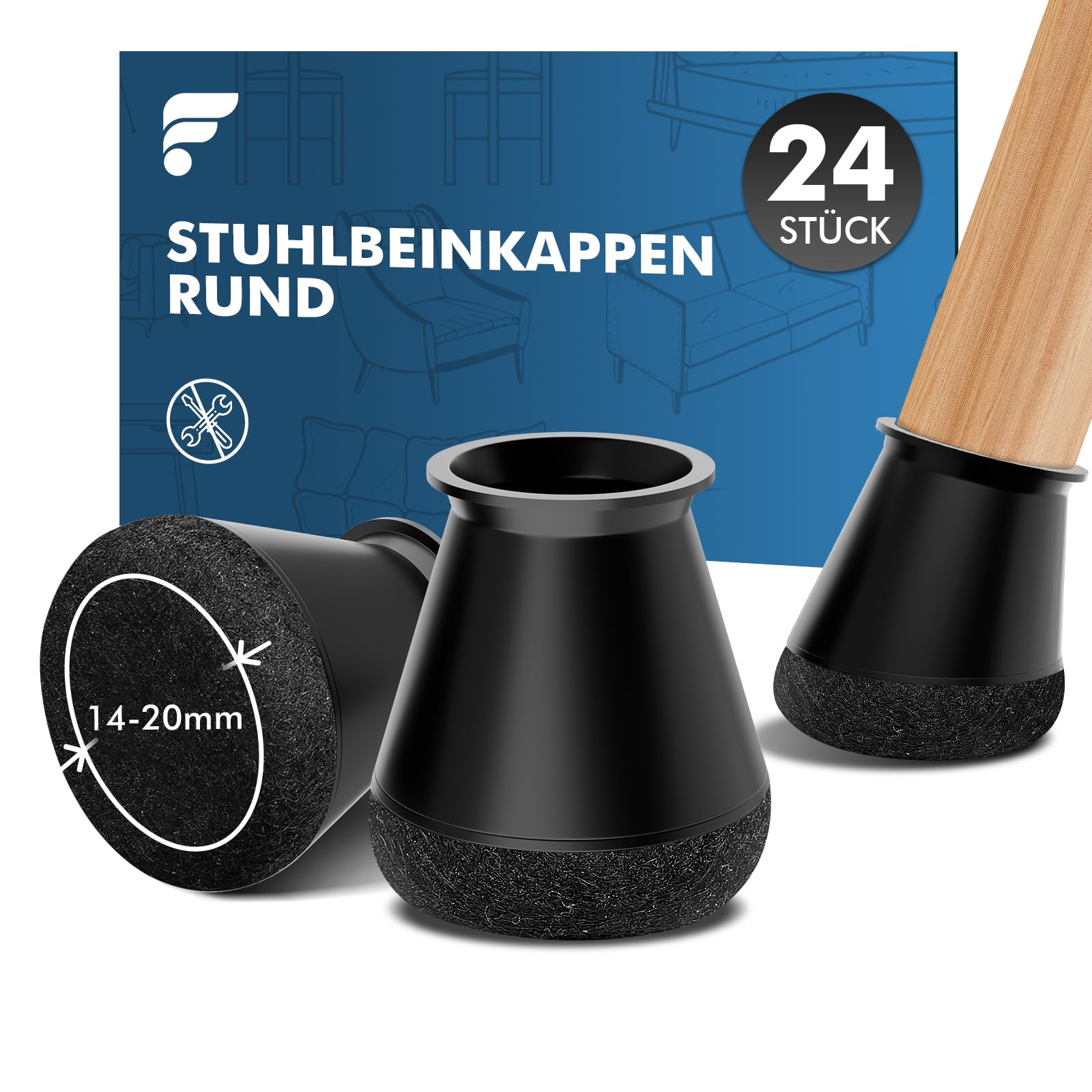 shinfly Stuhlbeinkappen Rund 24 Stück, Schutzkappen für Stuhlbeine, Silikon Stuhlbeinschoner für Stühle & Bodenschutz, Filzgleiter für Schräge Stuhlbeine, Geräuscharm【Schwarz Fit:14-20mm】