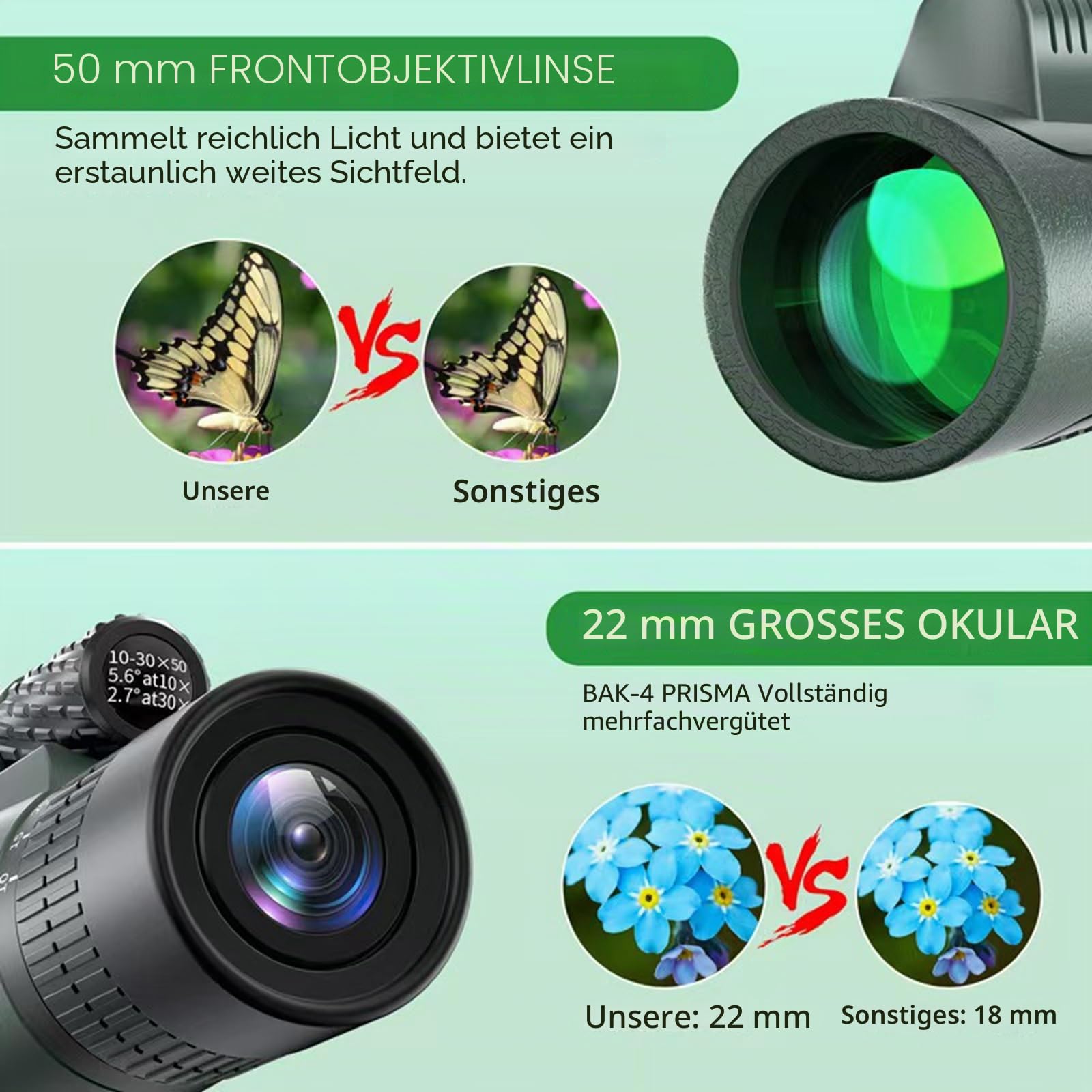 Monocular, 10-30x50 Monocular Telescope, für Erwachsene und Kinder, FMC BAK4 Prisma, Monokular klein, für sportveranstaltungen Vogelbeobachtung Reisen Jagd Konzert Sport im Freien