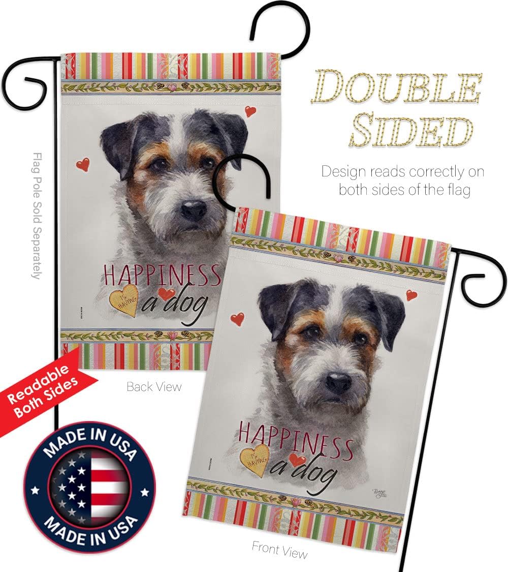Breeze Decor Black Jack Russell Happiness Garden Flag Set with Stand Dog Puppy Spoiled Paw Canine Fur Pet Nature Farm Animal Creature House Banner Small Yard Gift Double-Sided, Made in USA