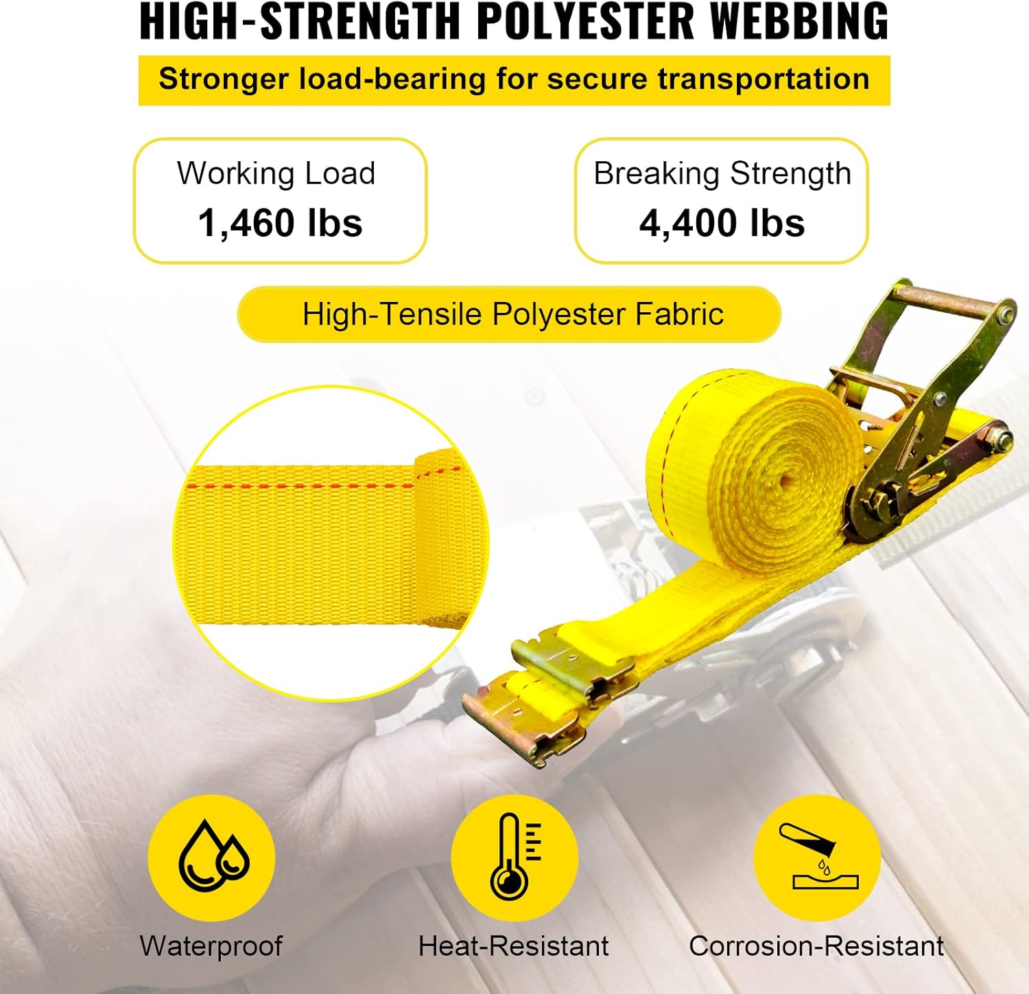VEVOR E-Track Ratchet Straps (18-Pack), 4,400 LBS Break Strength, 2 Inch x 15 Foot Heavy Duty Yellow ETrack Straps, Polyester Webbing & Spring Fitting & Ratchets