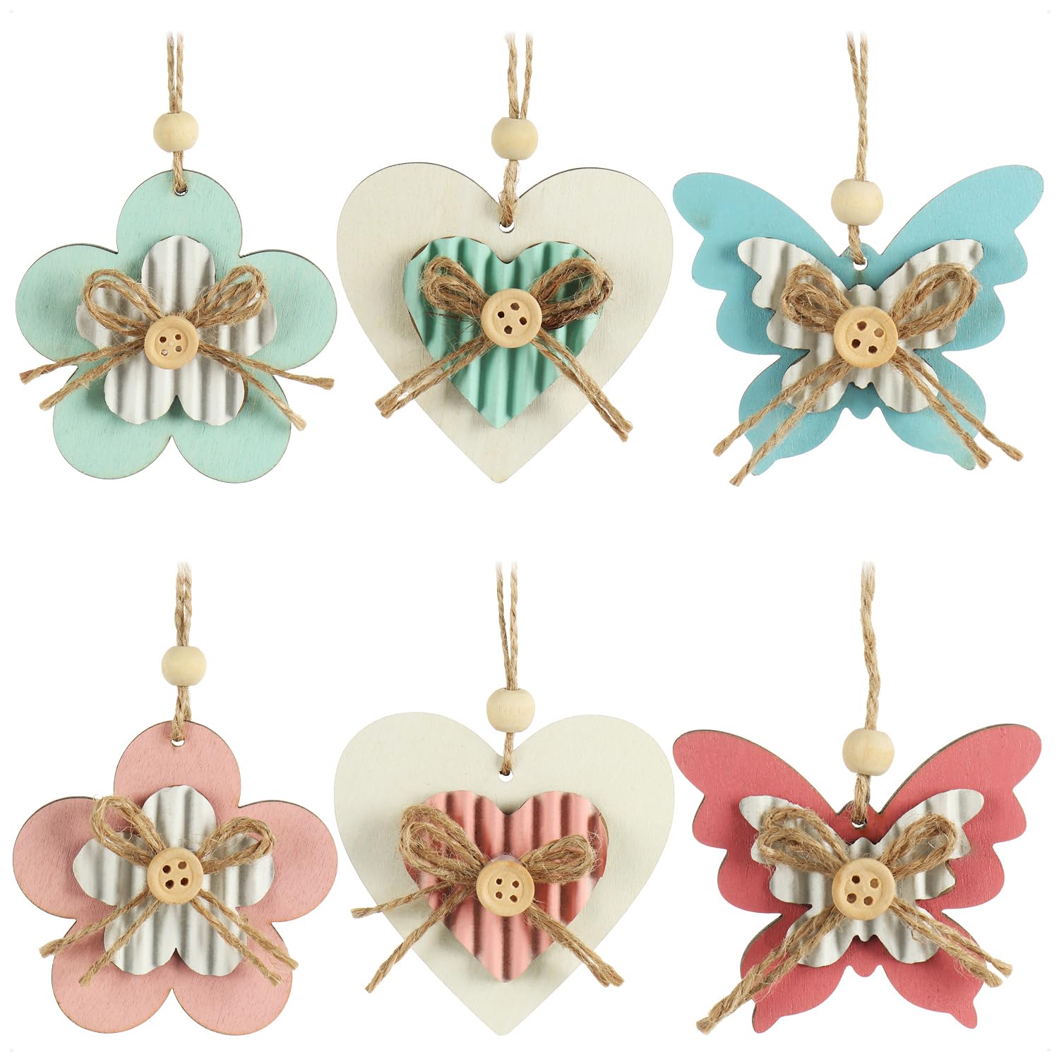 COM-FOUR® 6x deco hangers butterfly, flower and heart - wooden hangers for decorating - spring decoration for the Easter bouquet (6 pieces - 5 colors)