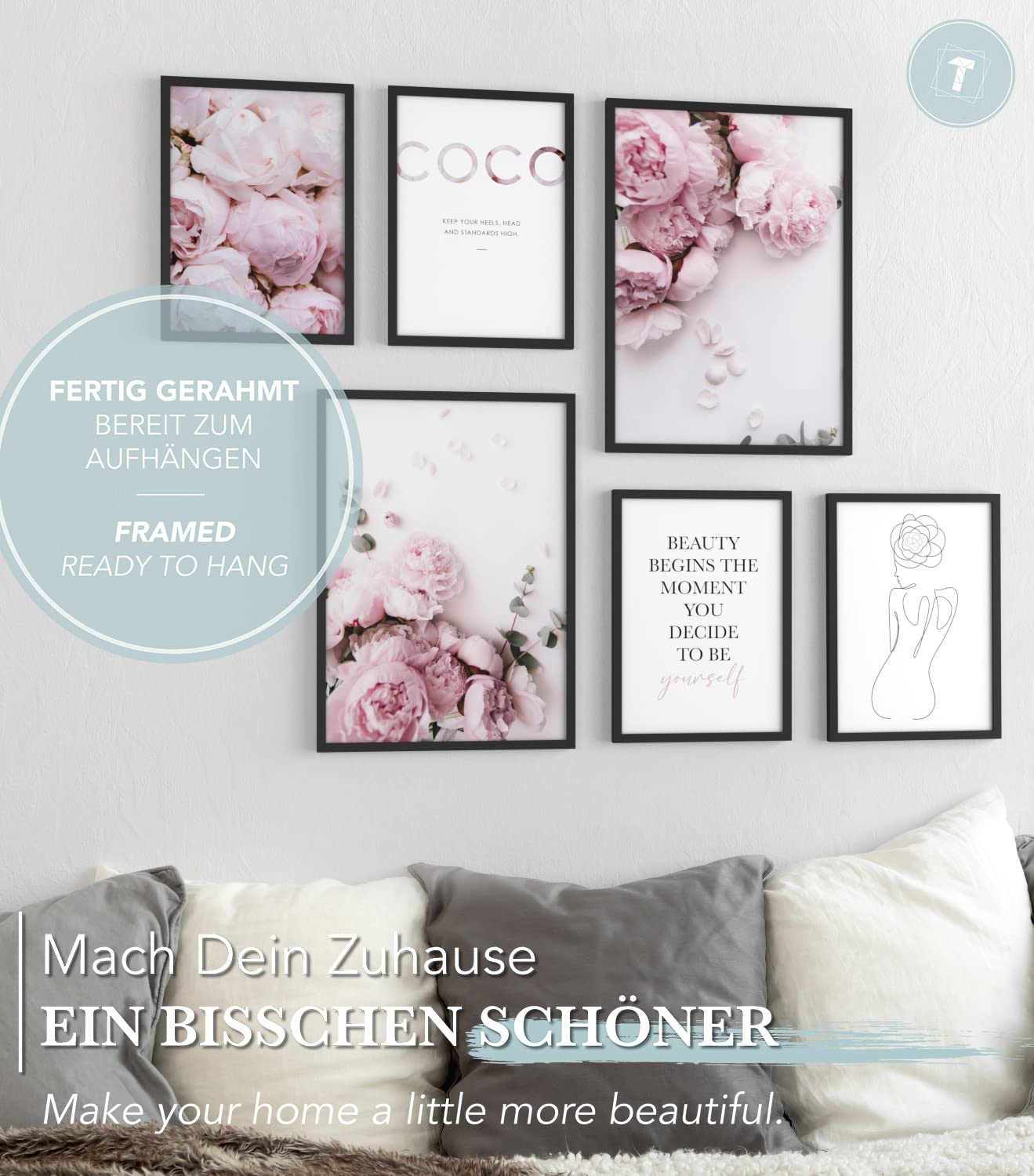 Papierschmiede® Mood Poster Set Coco Peony, Fertiges Bilder Set mit Rahmen (Holz, schwarz), Wohnzimmer Deko Schlafzimmer, 2x DIN A4 und 4x DIN A5, rosa Pfingstrosen Eukalyptus Floral