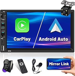 Double Din Car Stereo with Apple Carplay Android Auto, Hikity 7 Inch Touch Screen Car Radio Bluetooth, FM, Mirror Link, USB/TF/AUX Input + SWC, Mic, Remote Control, Backup Camera