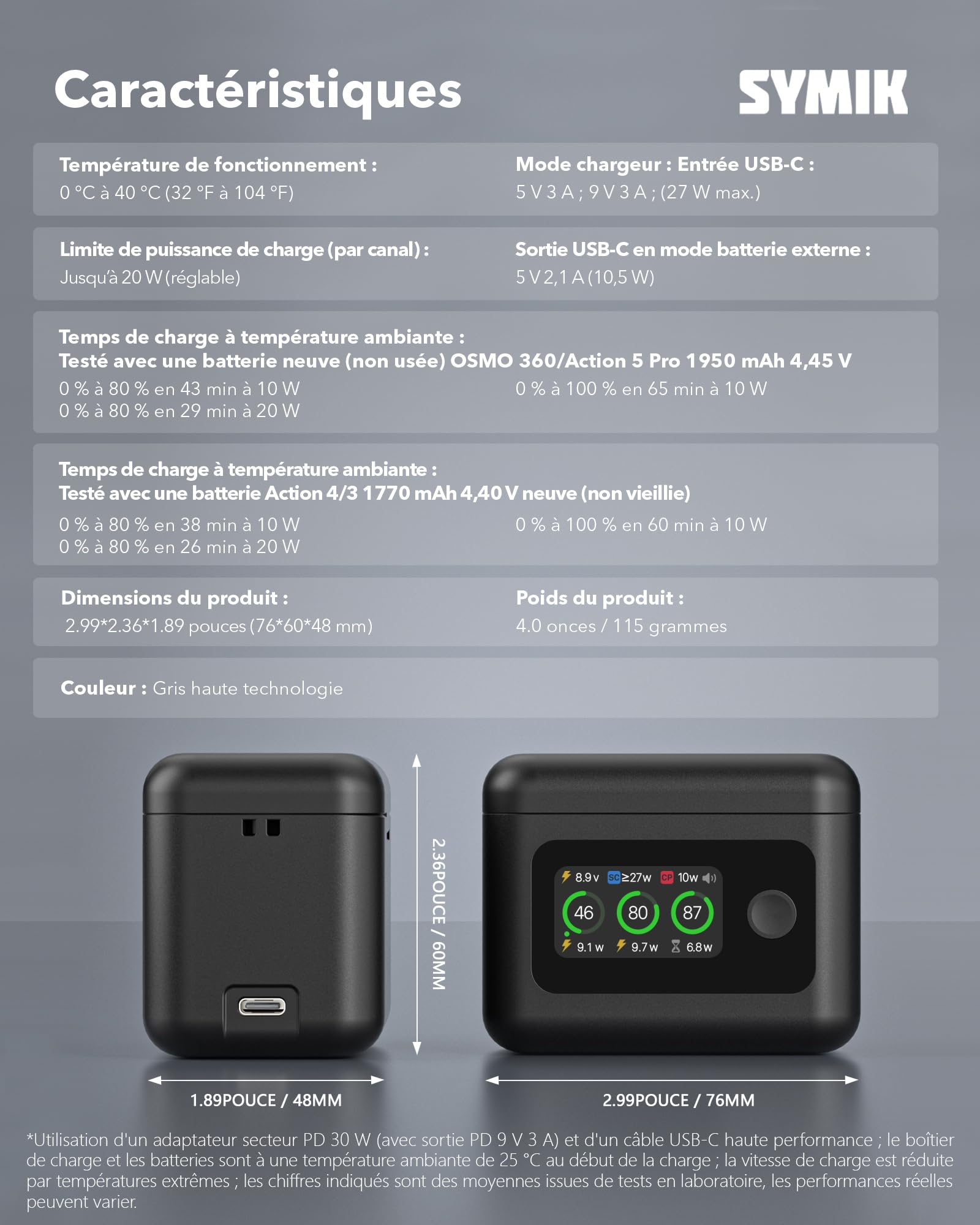 SYMIK Chargeur de Batterie pour DJI Osmo 360 / Action 6 / Action 5 Pro /4/3 | 27 W Triple Slots PD Boîtier de charge rapide, Hub de chargeur intelligent LCD bidirectionnel pour batterie DJI Osmo Action