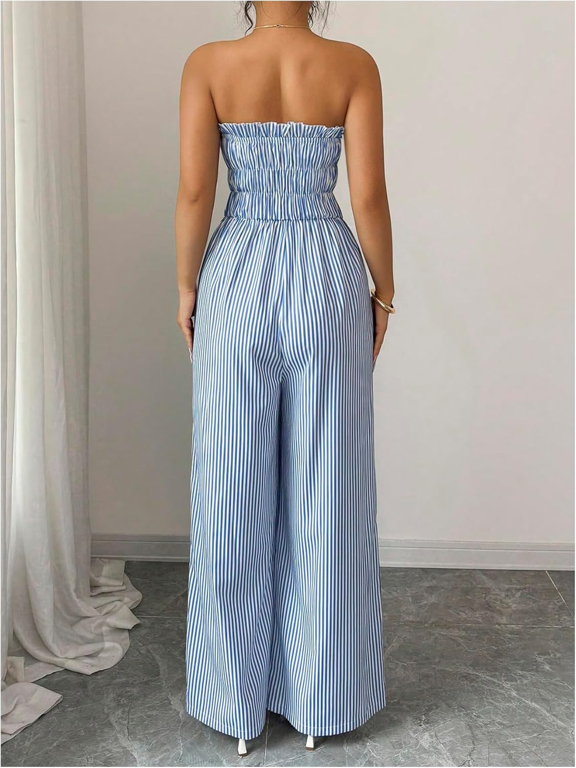 SOLY HUX Women's Striped Strapless Wide Leg Jumpsuit Bow Tie Front Sleeveless Baggy Long Pants Romper - Image 2
