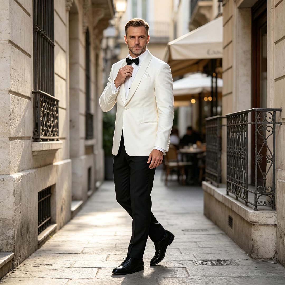 da Uomo Bianco Risvolto a Scialle Giacca da Smoking Slim Fit A Un Bottone Abito da Sera Blazer per Matrimonio Ballo di fine Anno Feste Formali