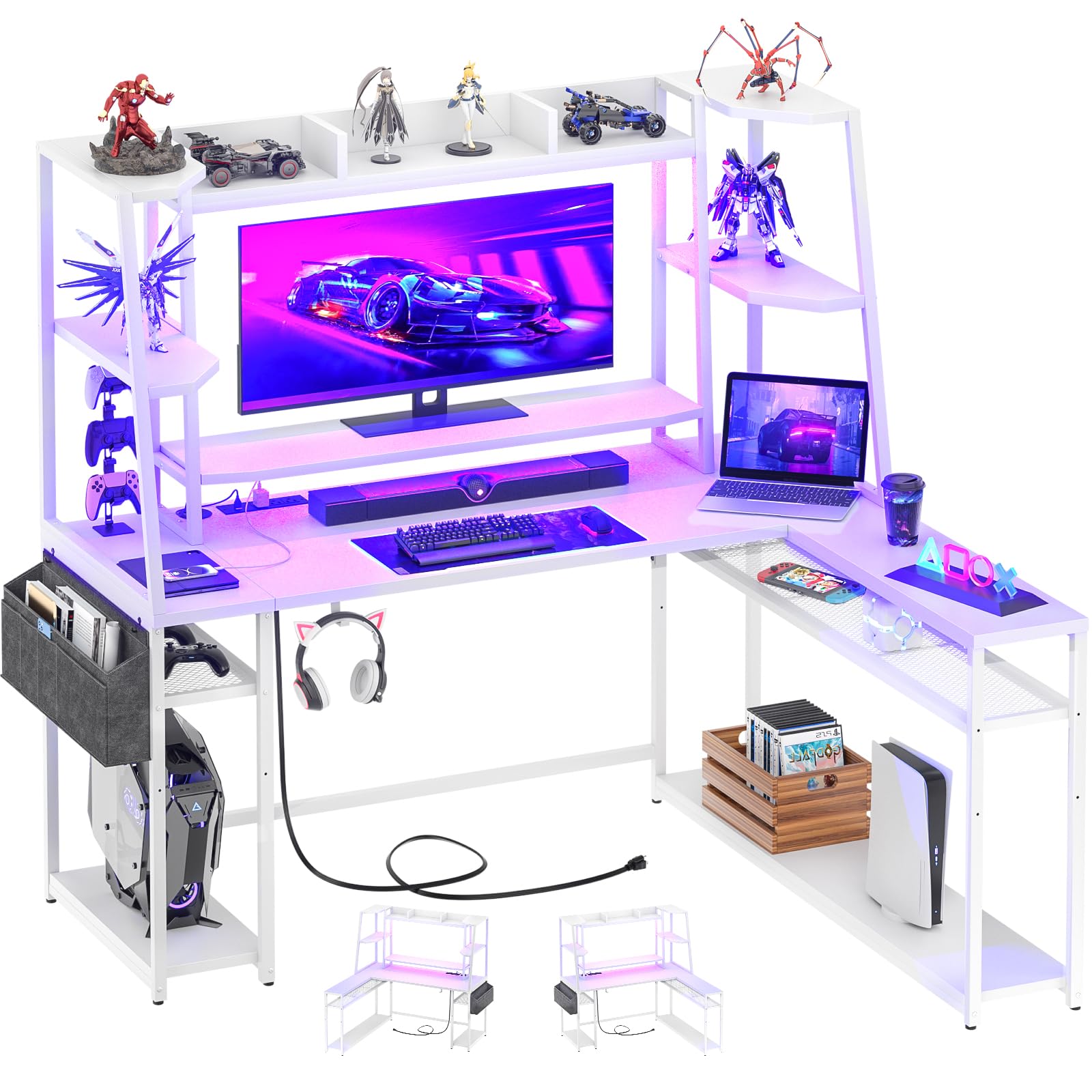 Armocity L Shaped Gaming Desk with Hutch - Gaming Desk with LED Lights, L Desk for Gaming with Storage Shelves, L Shaped PC Gaming Desks, 47‘’ Corner