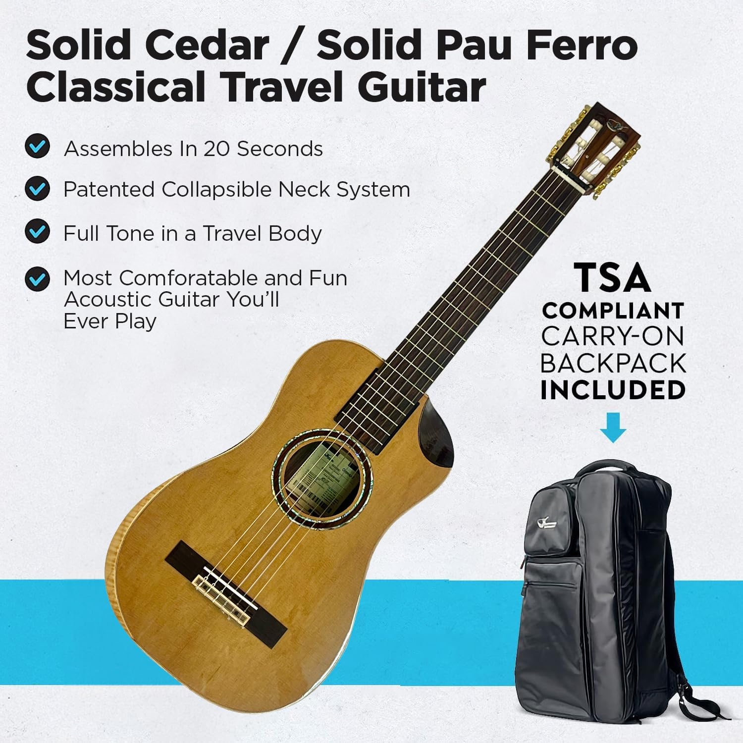 Journey Instruments Solid Cedar Classical Travel Guitar – OC522C Traveling Nylon String Guitar with Collapsible Patented System – Portable Backpack Case (Solid Pau Ferro)