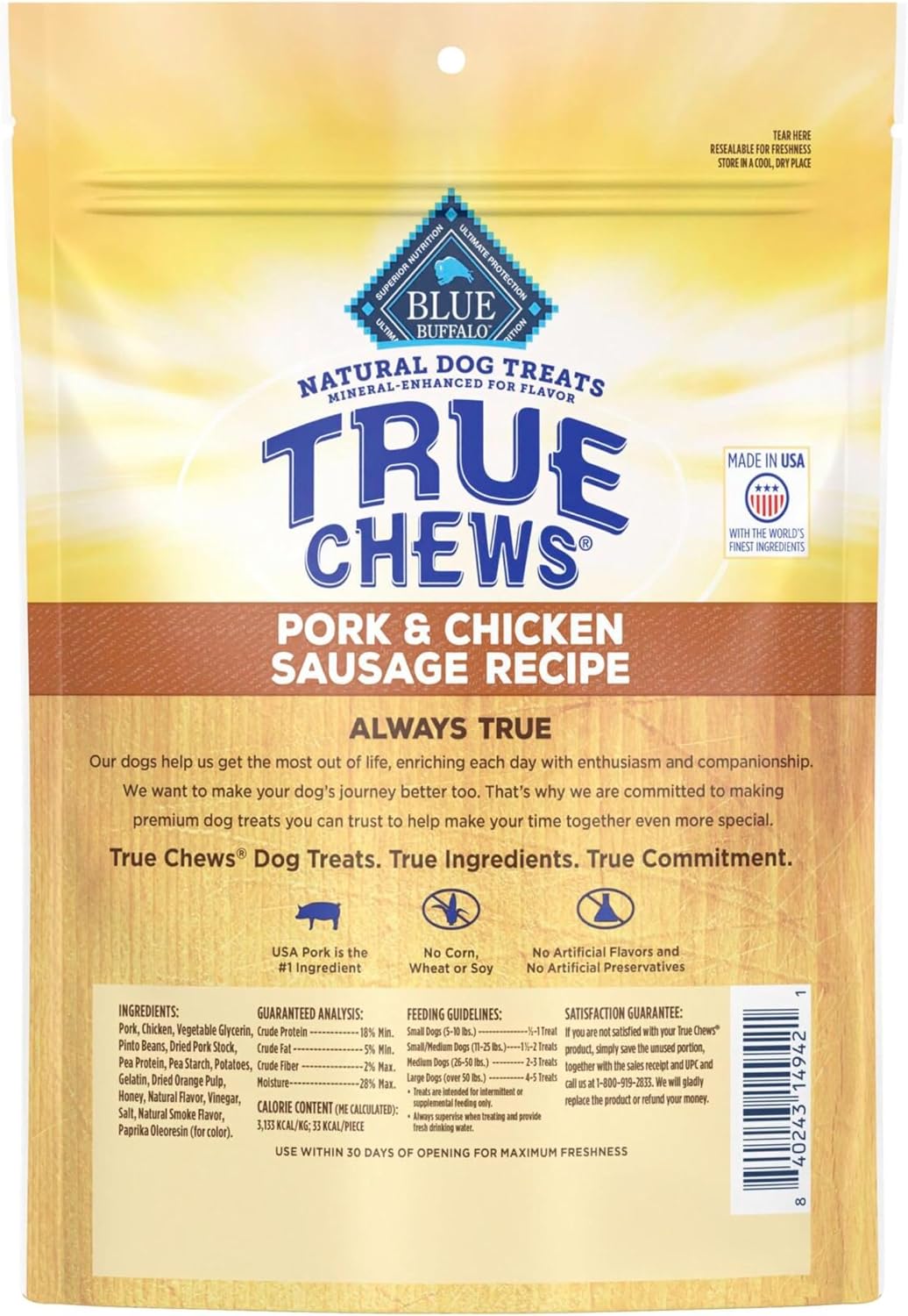 Blue Buffalo True Chews Dog Treats, Made in the USA with Natural Ingredients, Pork and Chicken Sausage Recipe, 14-oz Bag, (Pack of 6) image 2