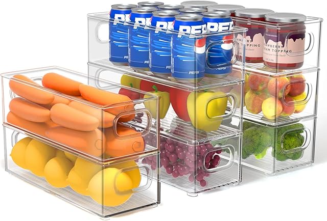 Set of 8 Fridge Organisers Stackable Storage Bins, Small Cupboards Organisers Containers with Handles, Clear Organizer Boxes for Kitchen, Refrigerator, Pantry, Under Sink - BPA Free