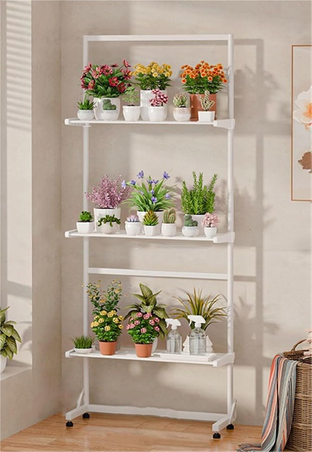 Movable Standing Storage Shelf Metal Plant Rack Outdoor Shelf for Multiple Plants Multi-Tiered Corner Flower Rack Plant and Flower Display Stand for Home Garden Heavy Duty(3 Tier W63 cm)