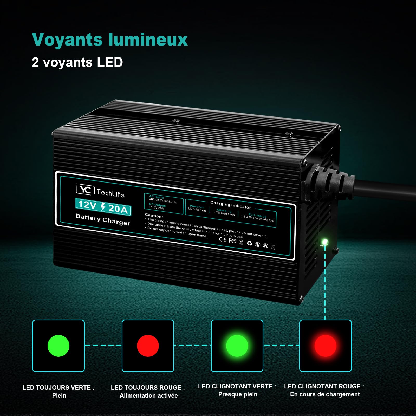Chargeur Batterie Lithium, 12V 20A Chargeur LiFePO4 Compatible avec la Connexion Anderson Conçu pour Charger Les Batteries LiFePO4 à Cycle Profond de la Voiture RV Marine
