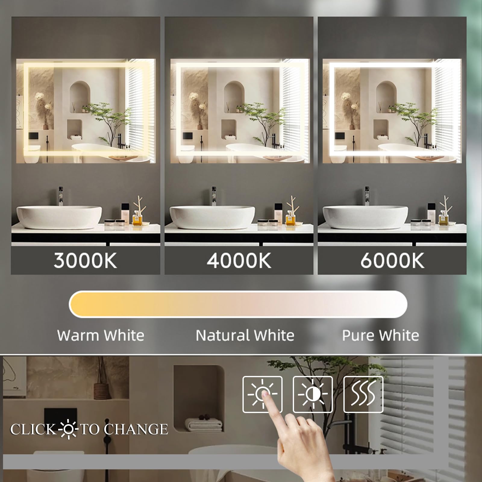 Kasiqilight Large Smart LED Vanity Mirror with Lights,48x36 Inch Bathroom Mirror Anti-Fog, Dimmable Lighted Mirror for Bathroom Wall,3 Color Temp, Hardwired