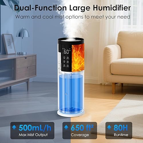 Miniatura 3 de Humidifiers for Bedroom - GloryAir 2.11Gal (8L) Quiet Top Fill Cool & Warm Mist Humidifier Large Room 650 ft with Humidistat, diffuser, Auto Mode,
