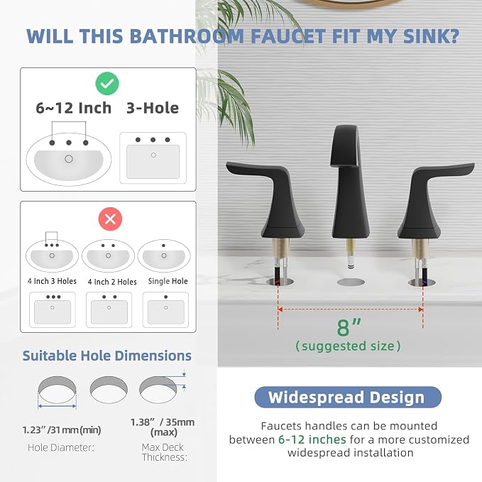 Grifería de baño 3 orificios 8 pulgadas negro mate miniatura 6