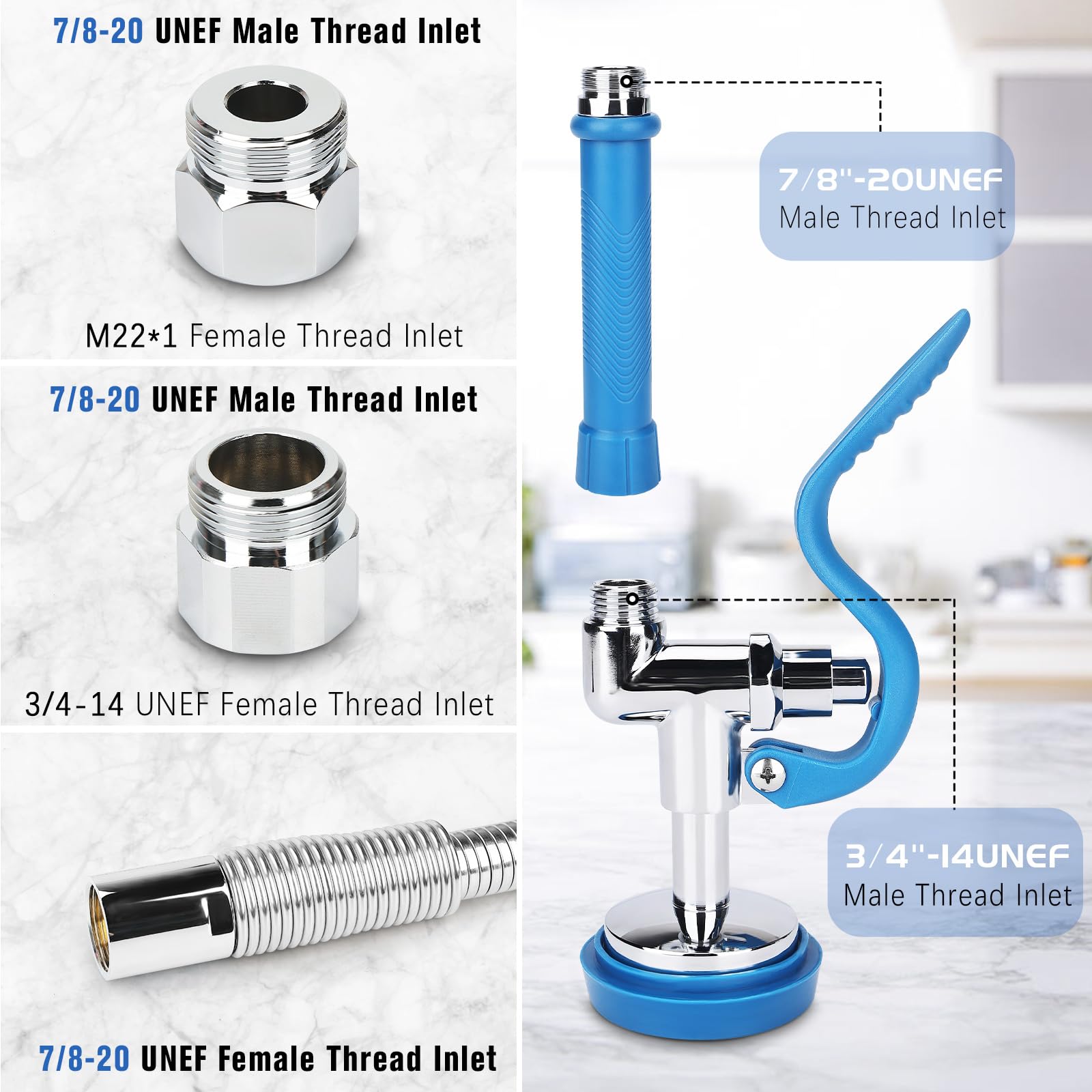 Manguera de acero inoxidable de 45 pulgadas y resorte superior de preenjuague
